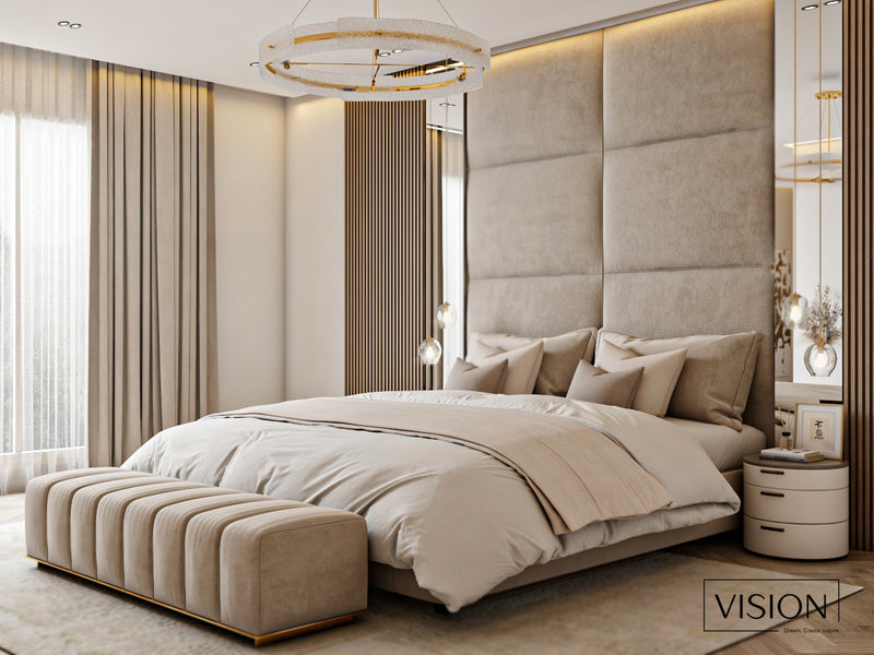 Modern bedroom with beige bedding and headboard, featuring a 'VISION' logo.