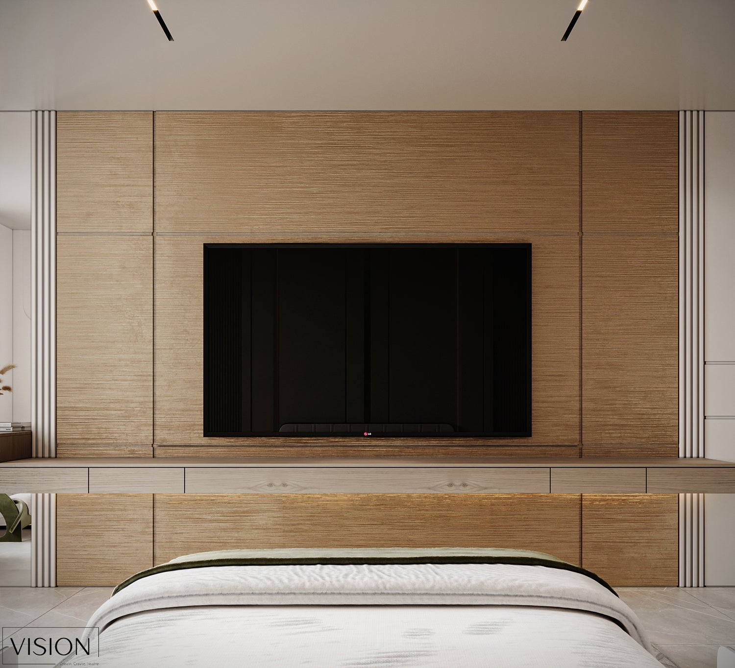 Modern bedroom with wooden paneling, TV, and bed.