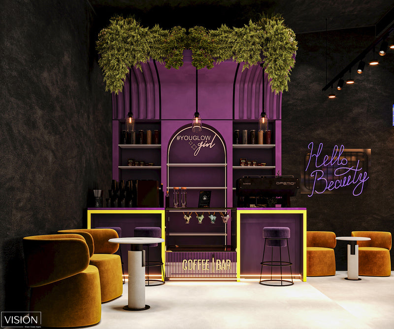 Modern coffee and bar area with purple decor and yellow chairs.