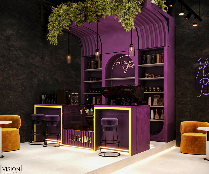 Modern coffee bar with purple and yellow design elements in a stylish interior setting.