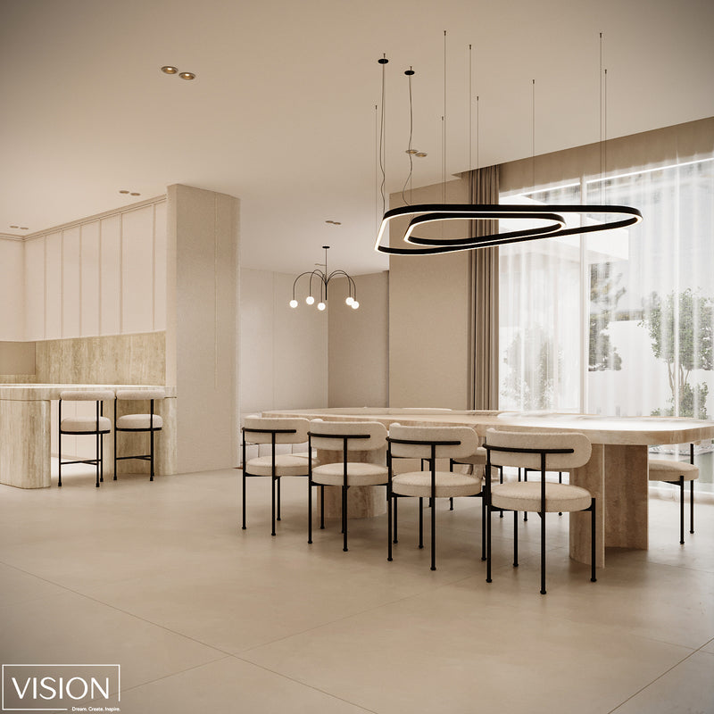 Modern dining area with a long table and chairs in a minimalistic setting.