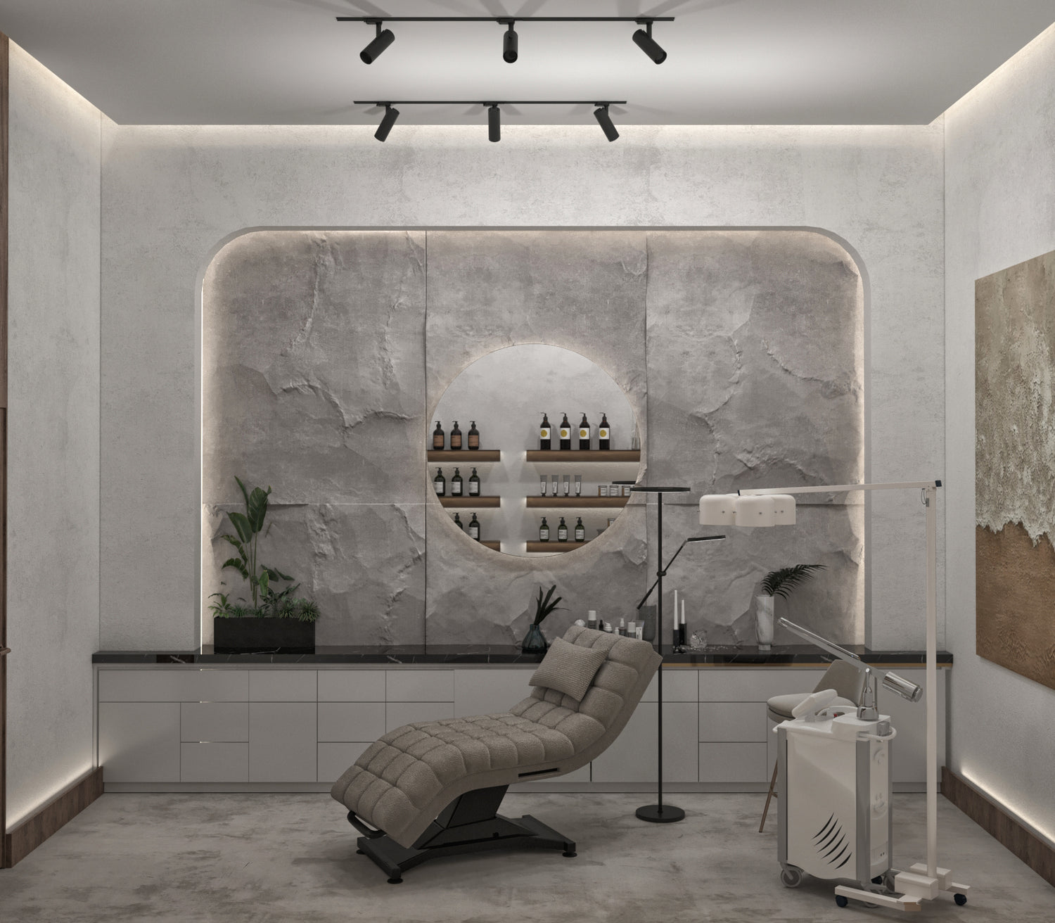Modern interior design of a spa or salon with a massage chair and decorative elements.
