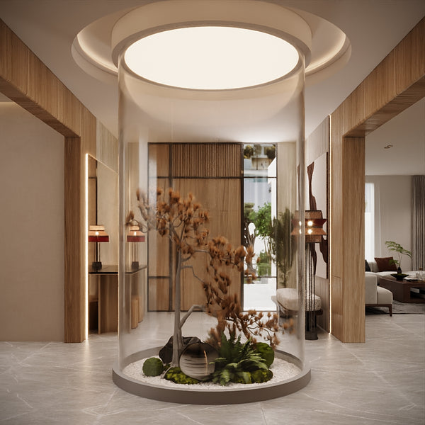 Modern interior design with a decorative glass display case featuring plants and a large round light fixture.