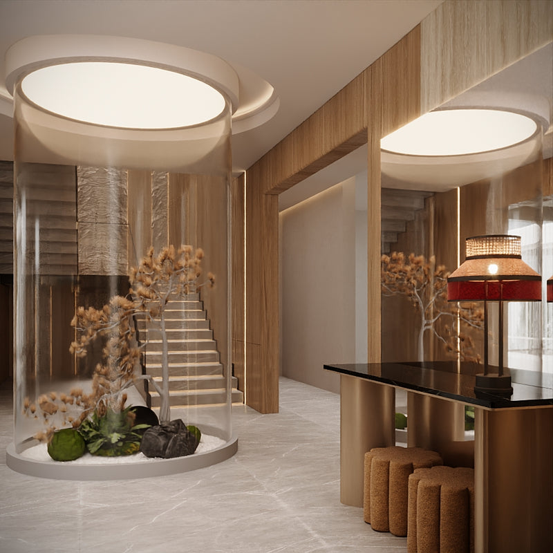 Modern interior design with a staircase, decorative plant, and table with lamp.