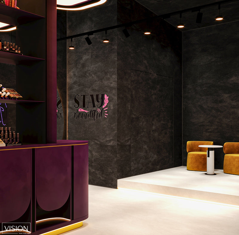 Modern interior design with purple furniture, yellow chairs, and a dark wall with 'Stay Beautiful' text.