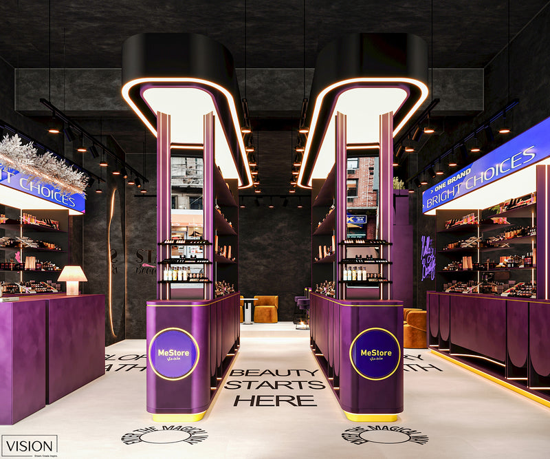 Modern interior design with purple stands and 'MeStore' branding, featuring the slogan 'Beauty Starts Here'.