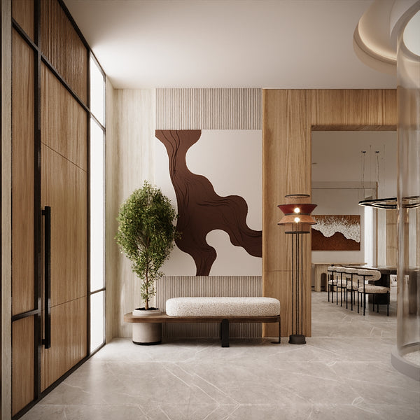 Modern interior design with wooden wall, bench, and decorative elements.