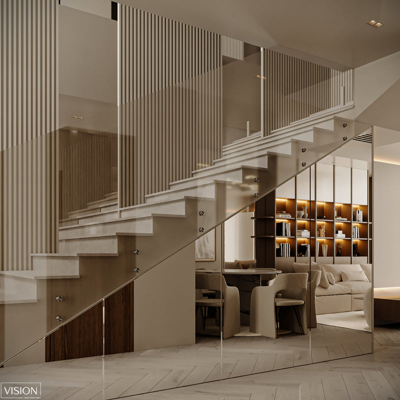 Modern interior with a staircase and living room