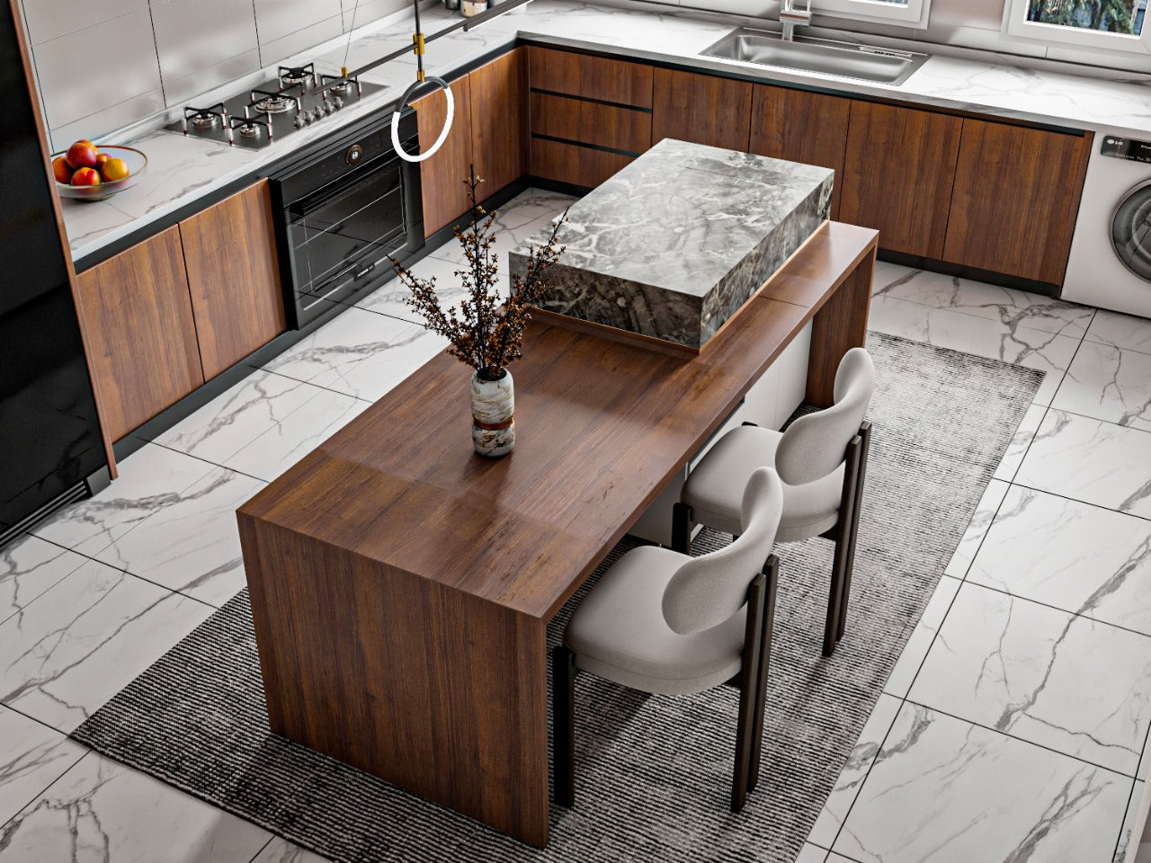 Modern kitchen with wooden island, marble countertop, and white chairs.