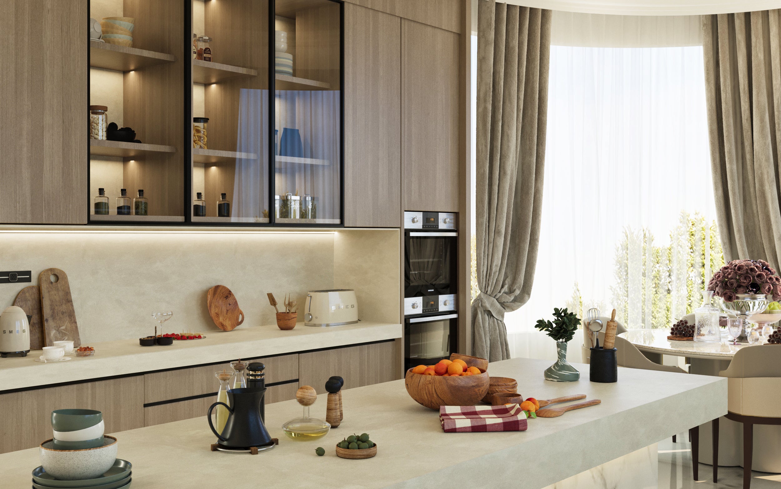 Modern kitchen with a dining area, featuring neutral tones and decorative elements.