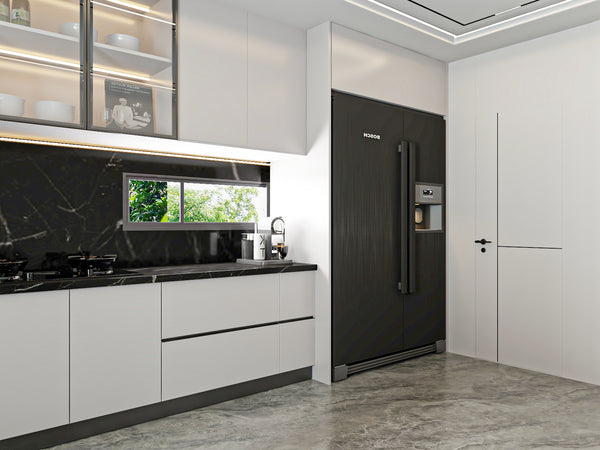 Modern kitchen with black refrigerator and white cabinets