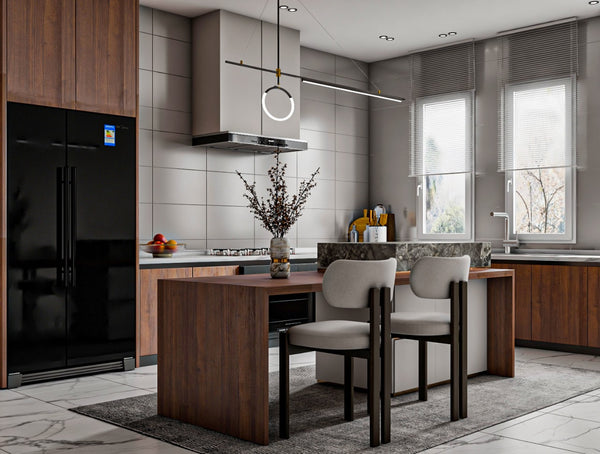 Modern kitchen with black refrigerator, wooden island, and chairs.