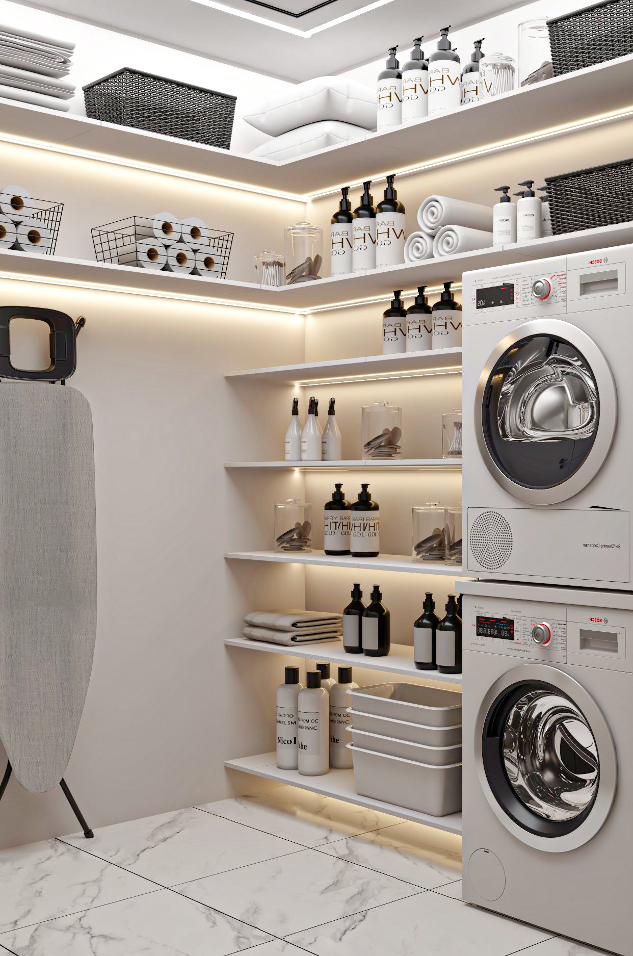 Modern kitchen with washing machine, ironing board, and shelves with cleaning supplies.