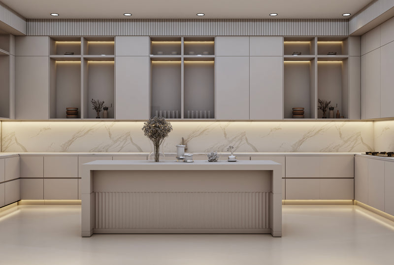 Modern kitchen with white cabinetry and marble countertop