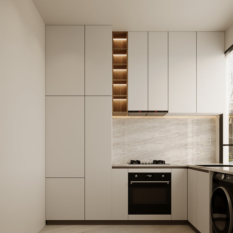Modern kitchen with white cabinets, black appliances, and a tiled backsplash.