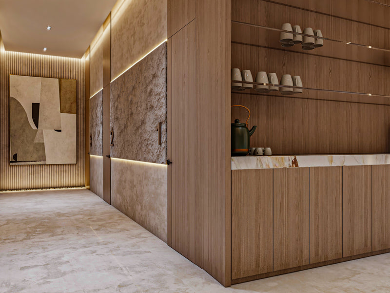 Modern kitchen with wooden cabinets and marble countertop