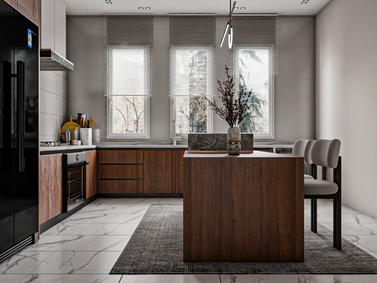 Modern kitchen with wooden island and marble flooring
