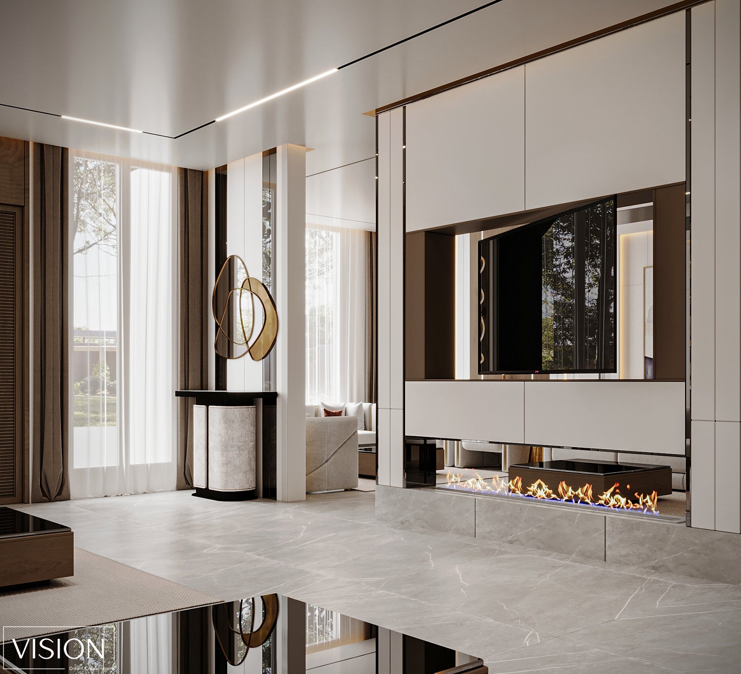 Modern living room with a fireplace and large windows.