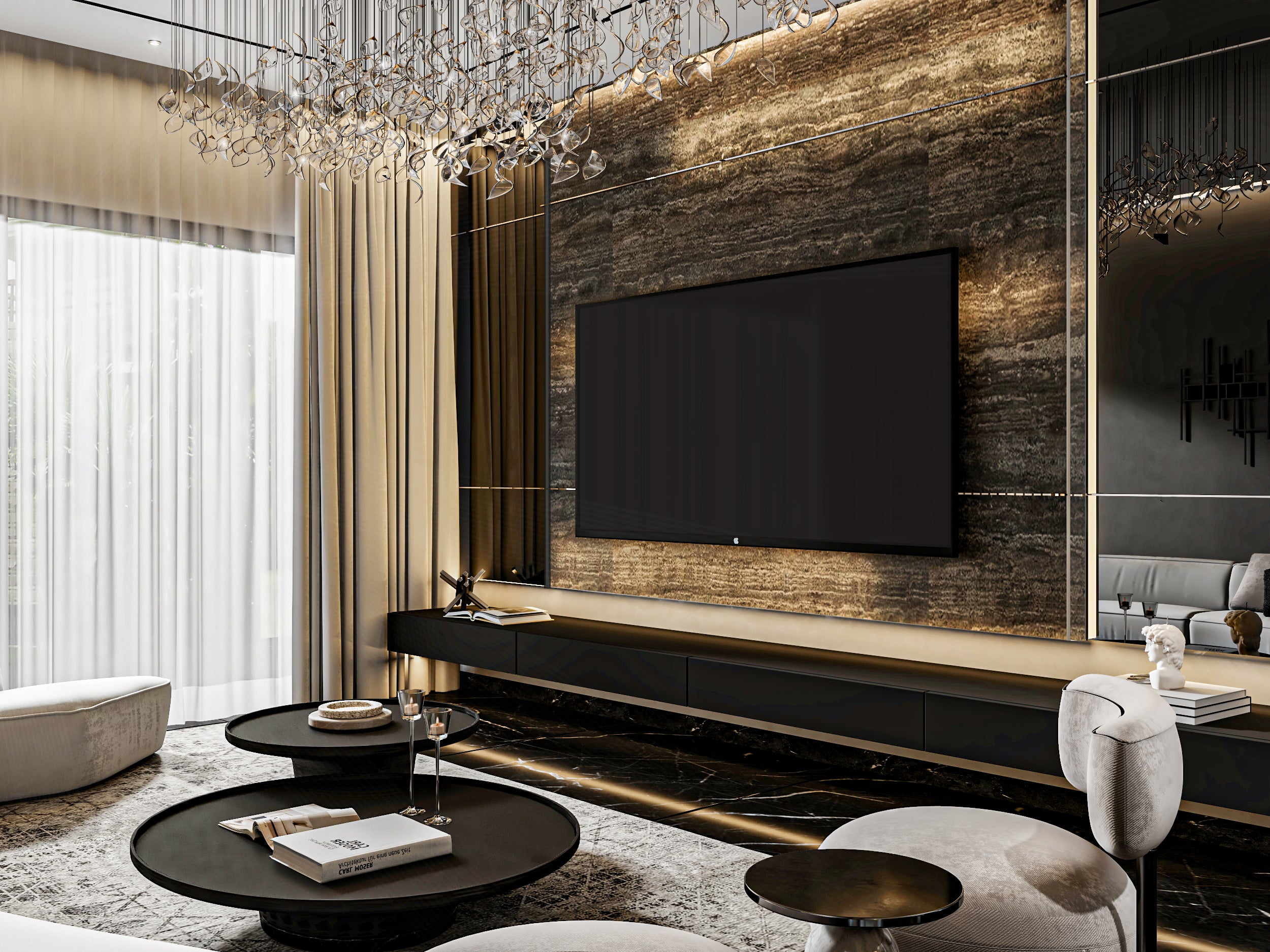 Modern living room with a large flat-screen TV on a decorative wall.