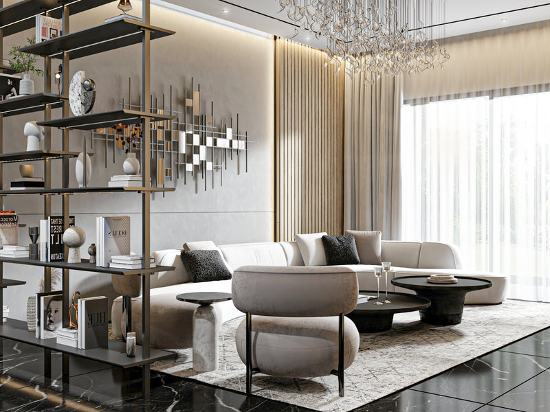 Modern living room with a stylish sofa, coffee table, and decorative shelves.