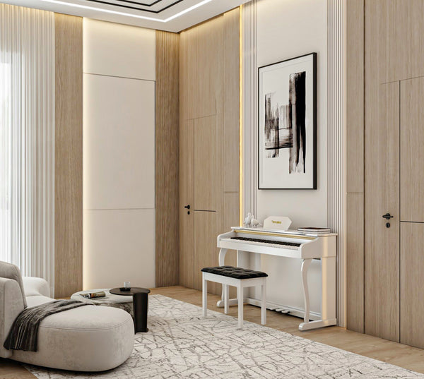 Modern living room with a white digital piano, sofa, and abstract art on the wall.