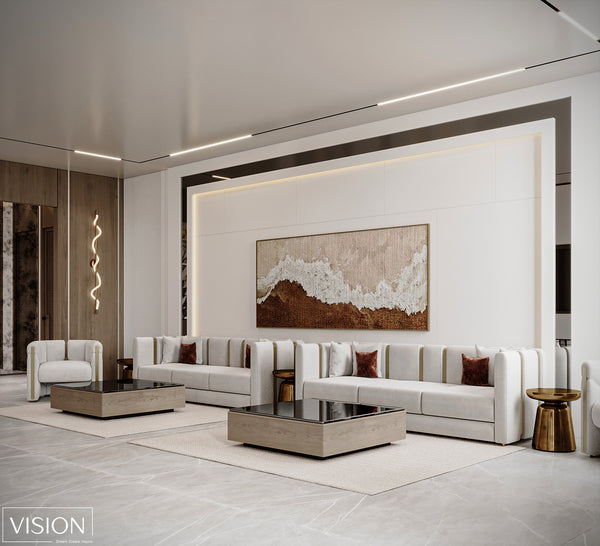 Modern living room with a white sofa, coffee table, and decorative wall art.