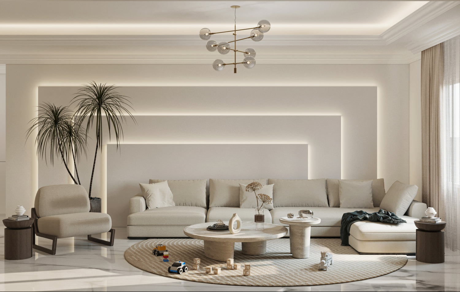 Modern living room with beige sofa, coffee table, and decorative items.