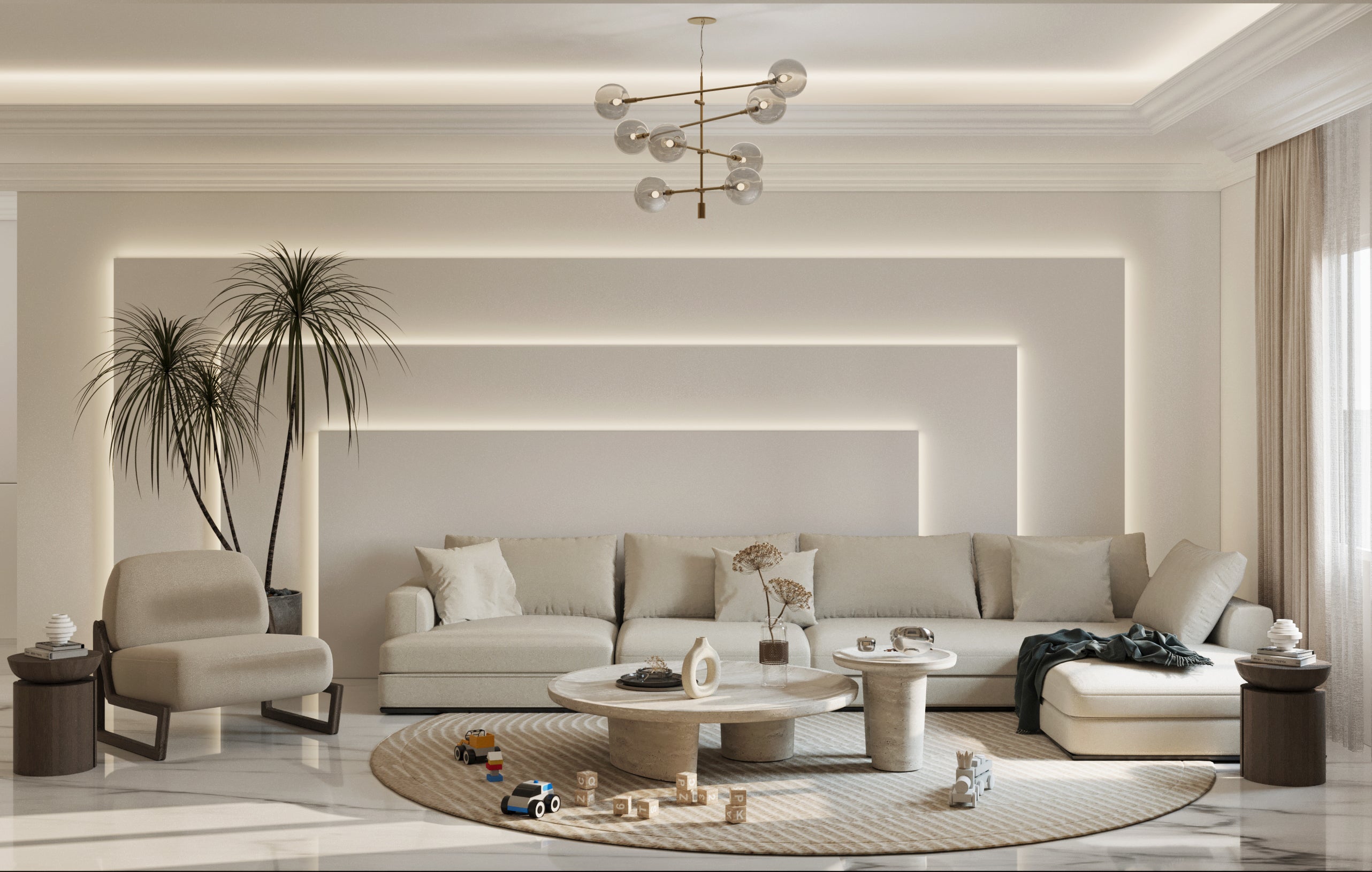 Modern living room with beige sofa, coffee table, and decorative items.
