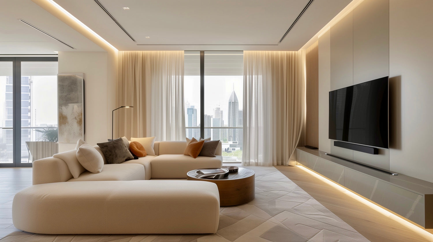 Modern living room with beige sofa, TV, and large windows.