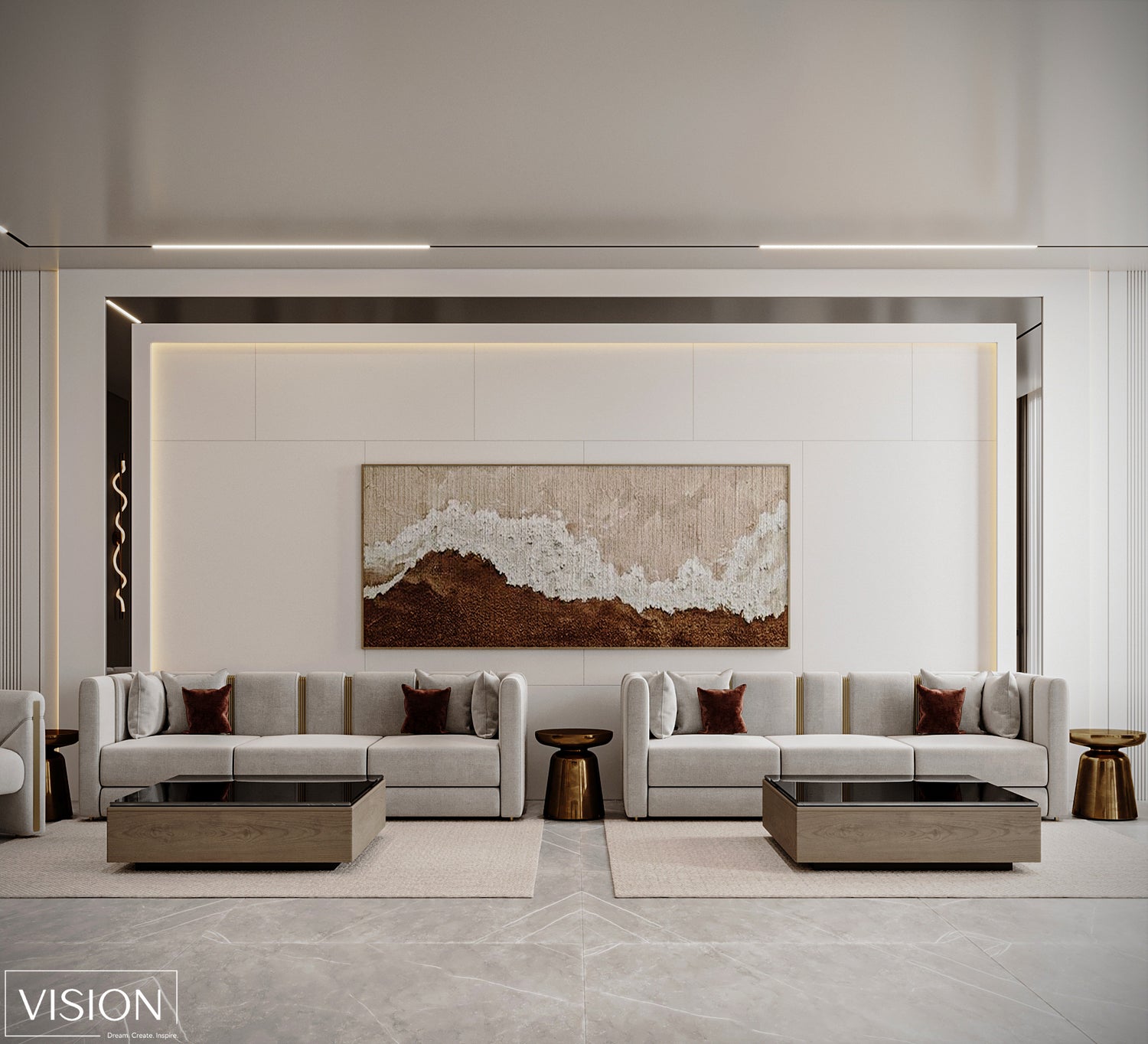 Modern living room with gray sectional sofa, coffee tables, and wall art.