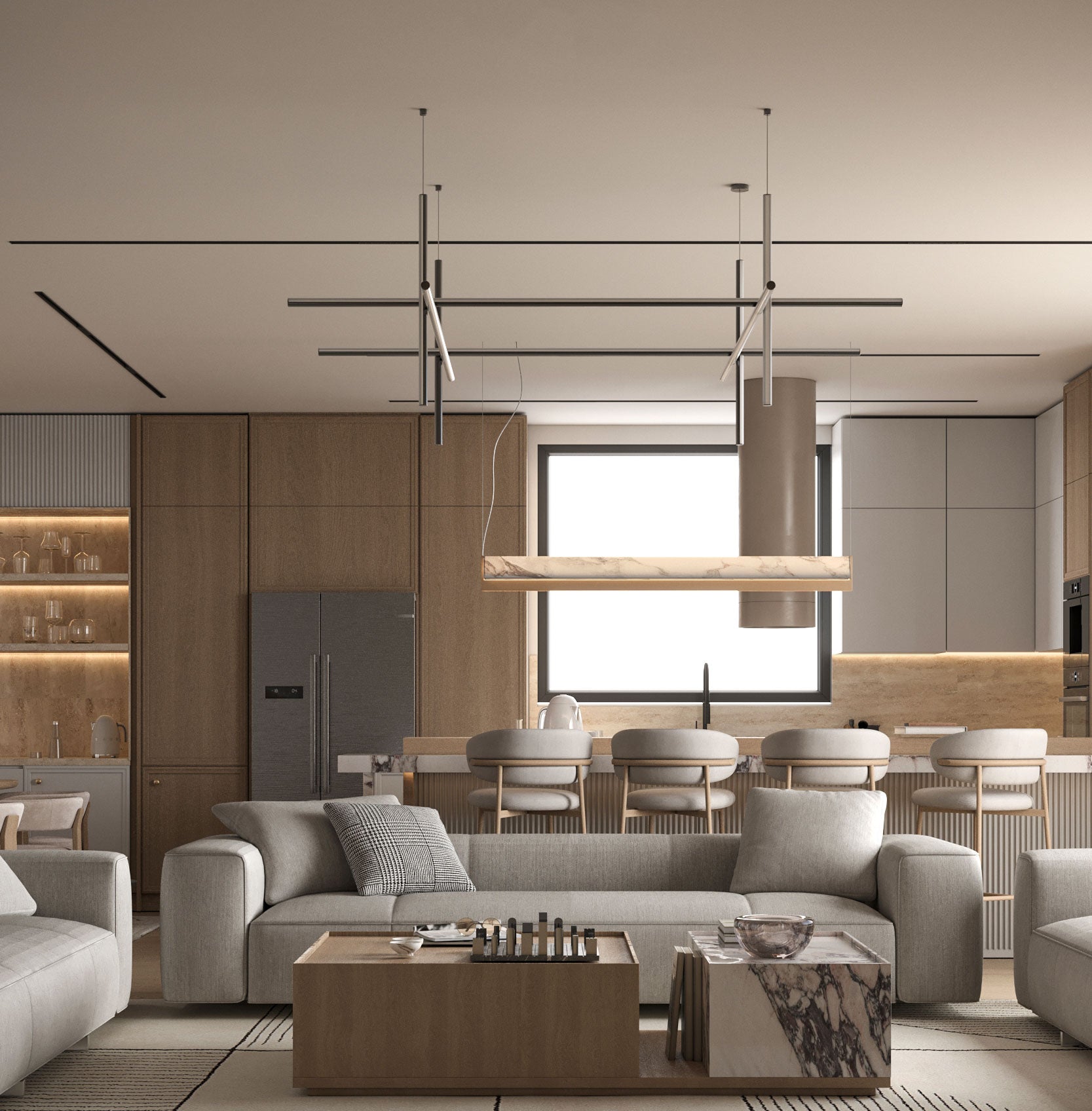 Modern living room with gray sofa, coffee table, and pendant lights.