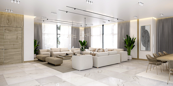 Modern living room with white furniture and large windows