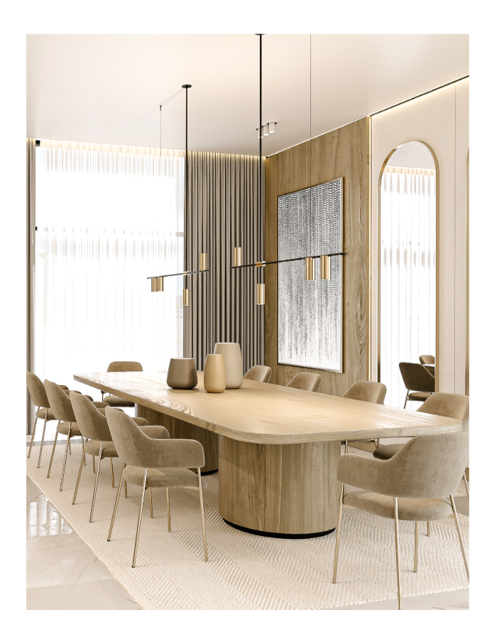 Modern luxury dining room with long, light wood table, velvet upholstered chairs, contemporary linear chandelier, and sheer curtains.
