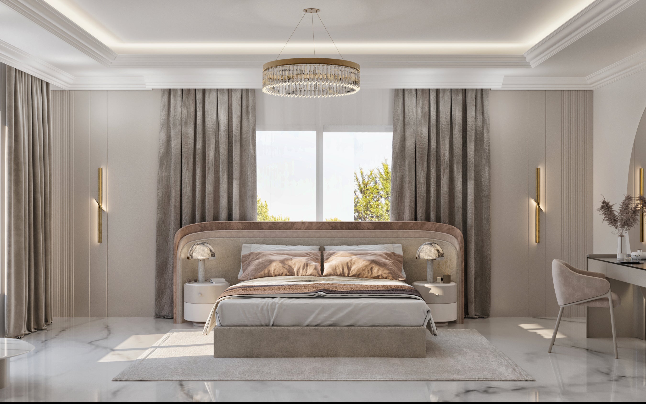 Modern master bedroom with a large bed, side tables, and decorative elements.
