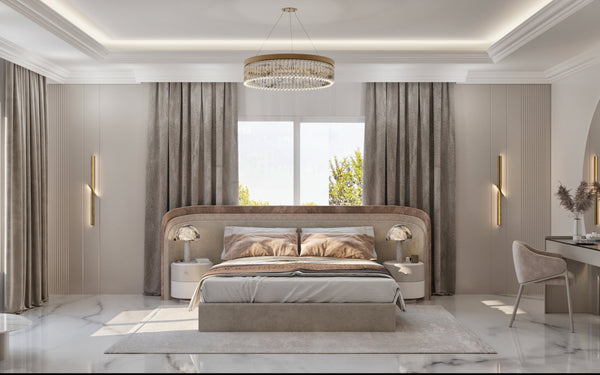 Modern master bedroom with a large bed, side tables, and decorative elements.