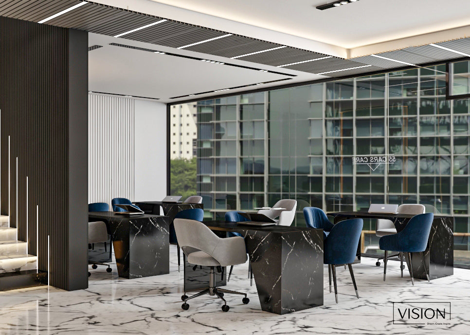 Modern office conference room with marble tables and chairs, large windows, and 'VISION' branding.