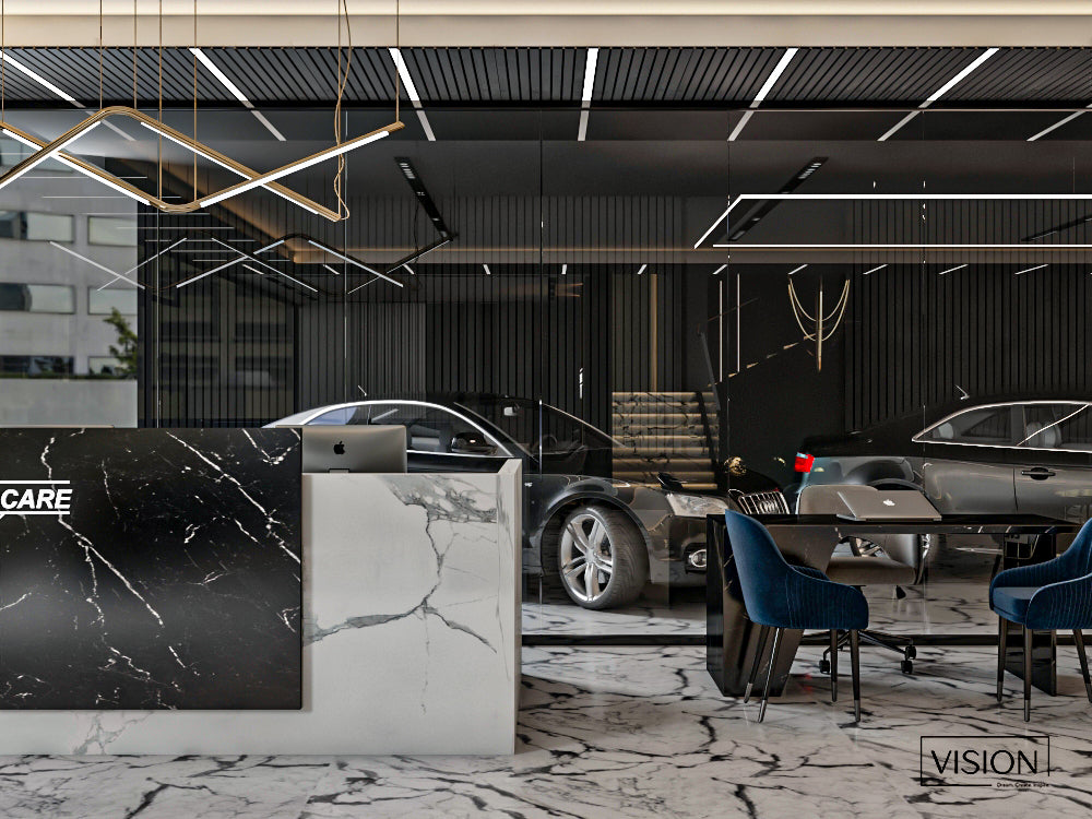 Modern office interior with marble reception desk and cars in the background