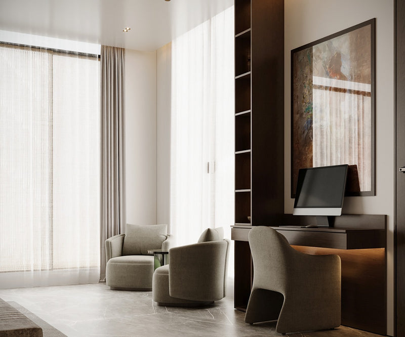 Modern office or home office with a desk, chairs, and large windows in master bedroom.