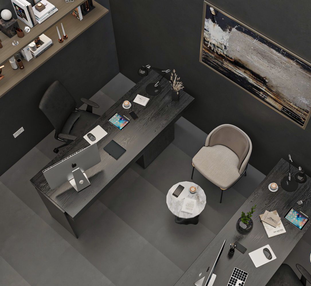 Modern office setup with a desk, chair, and decor elements.