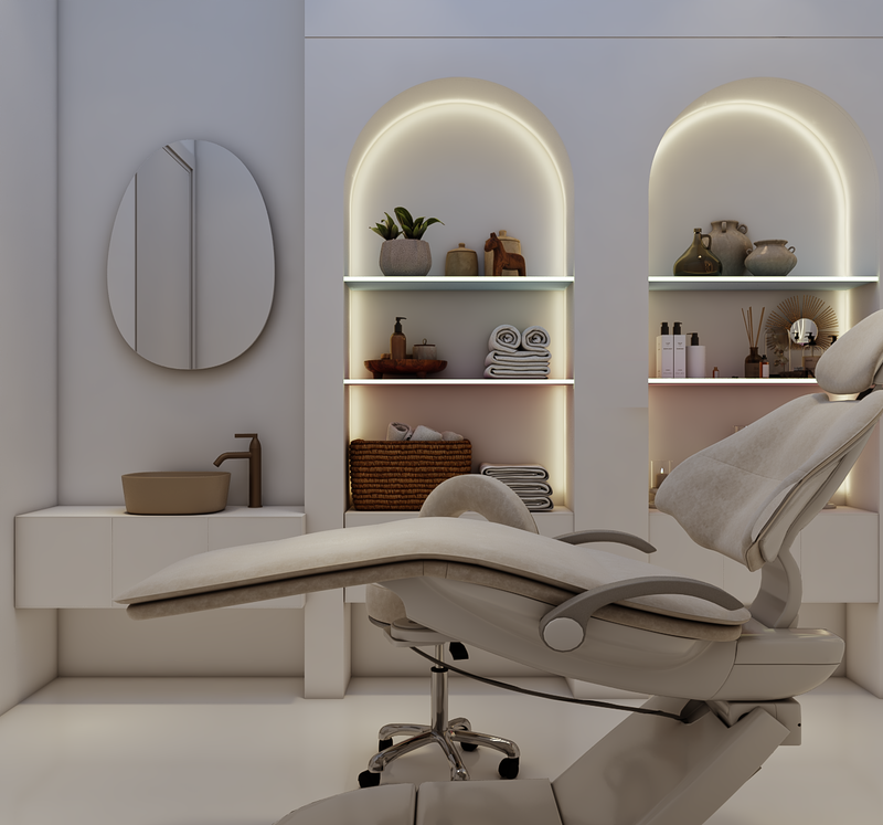 Modern salon chair in a stylishly decorated room with shelves and a mirror.