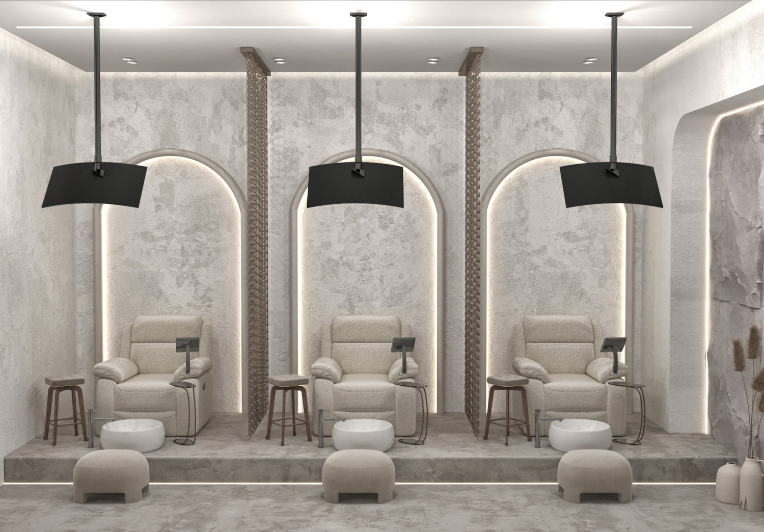 Modern spa interior with beige armchairs, ottomans, and decorative elements.