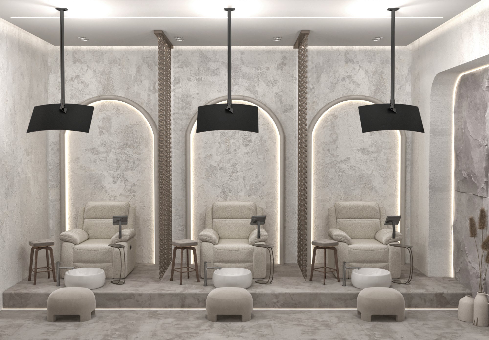 Modern spa interior with beige armchairs, ottomans, and decorative elements.