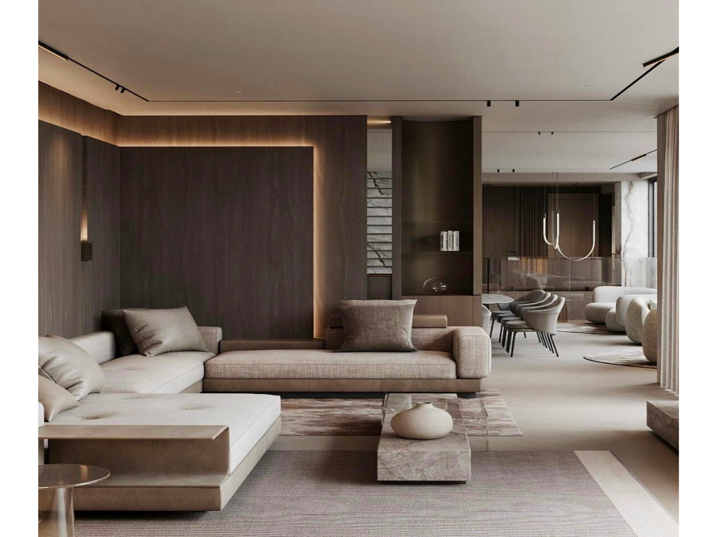 Contemporary dark-toned residential interior design with accent wall lighting and mirrored accents, ideal for high-end apartment or villa fit-outs