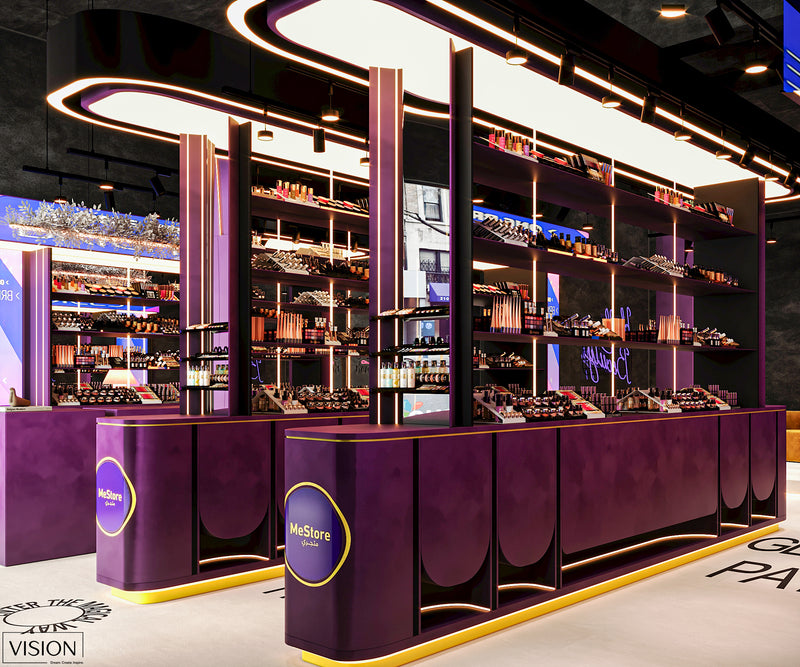 Purple cosmetic store display with shelves and products, featuring the MeStore brand.
