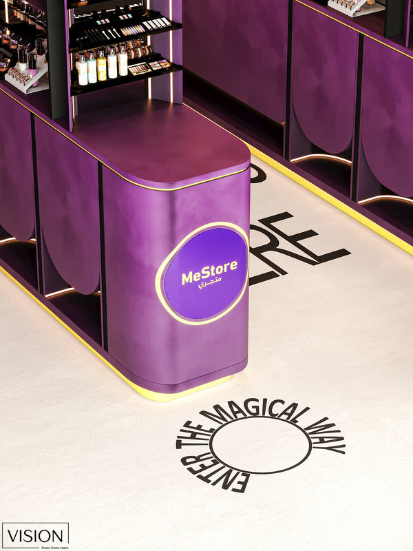 Purple display stand with 'MeStore' logo in a retail shop design