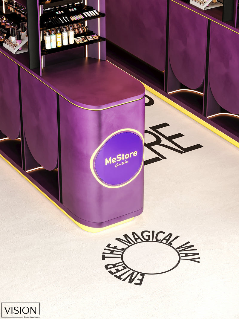 Purple display stand with 'MeStore' logo in a retail shop design