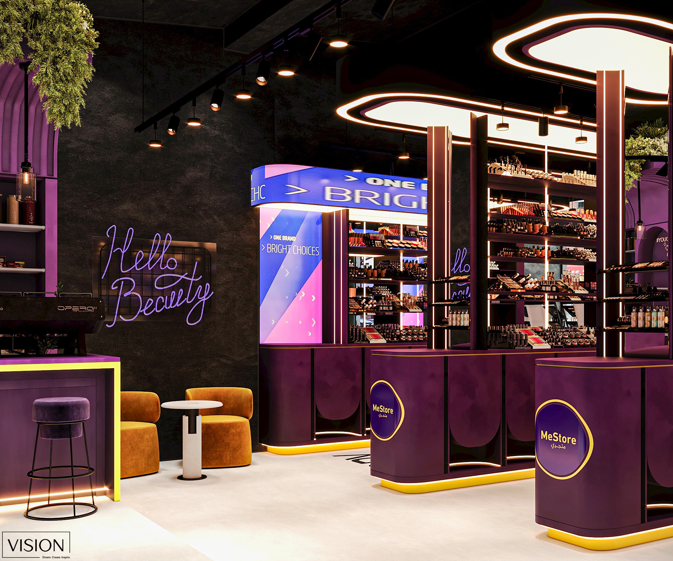 Modern retail shop interior design with purple accents and 'Hello Beauty' sign.