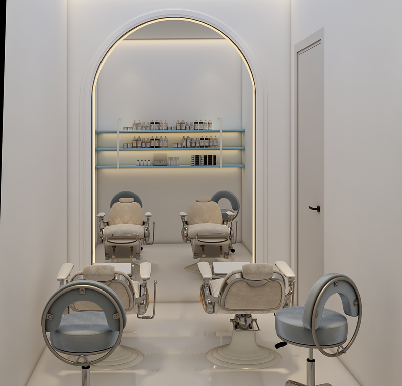 Salon interior with gray chairs and a large mirror reflecting shelves with products.