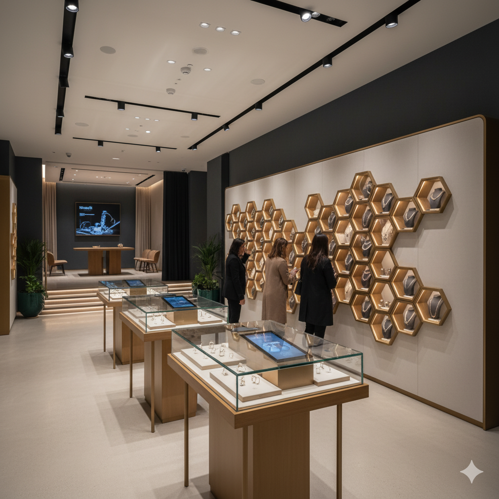 Modern interior design with hexagonal wall art and glass display cases.