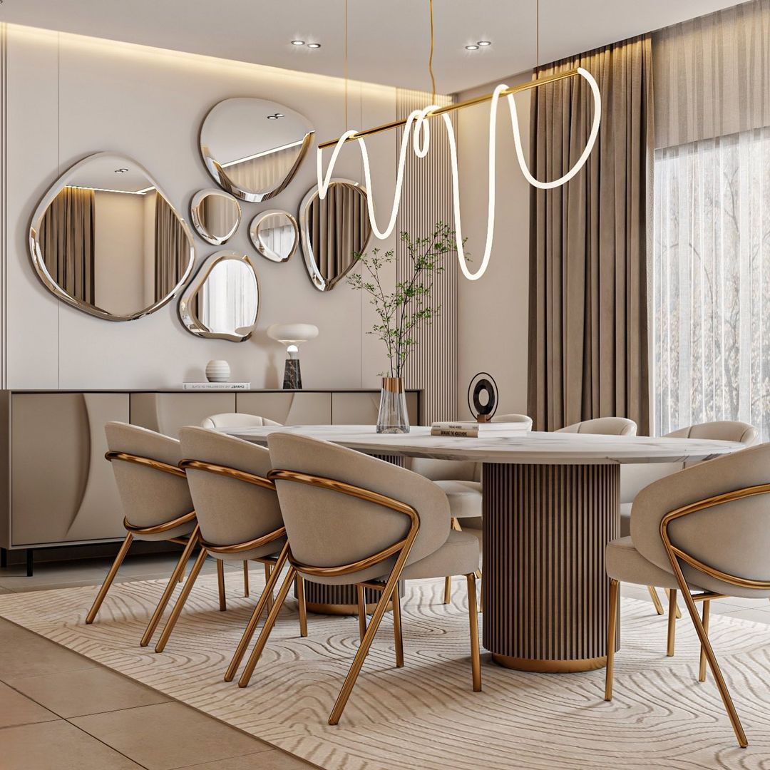 Modern dinning room design with hidden flush doors and warm ambient lighting, ideal for high-end apartment interior projects and seamless flow.